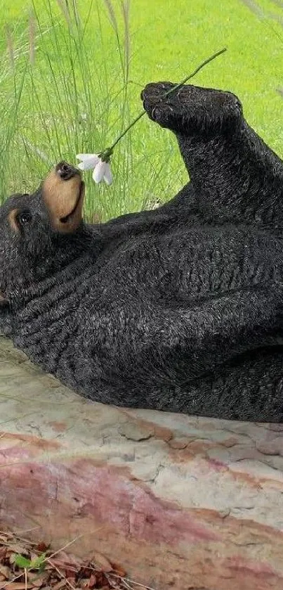 Black bear relaxing on a rock in a natural setting.