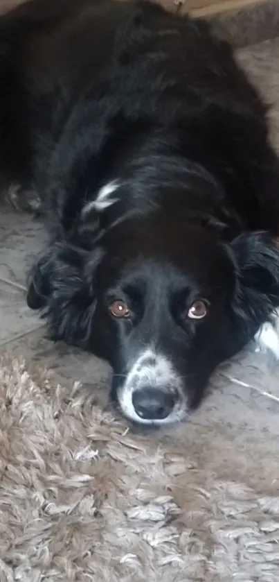 Relaxed Border Collie lying on a textured floor.