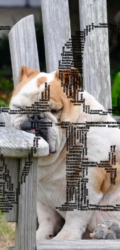 Bulldog relaxing on a wooden chair in a lush garden.