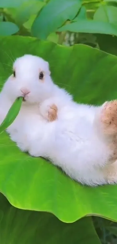 White bunny lounging on a large green leaf.