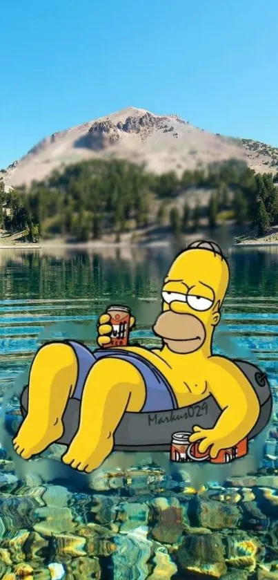 Cartoon character relaxing on lake in scenic mountain setting.