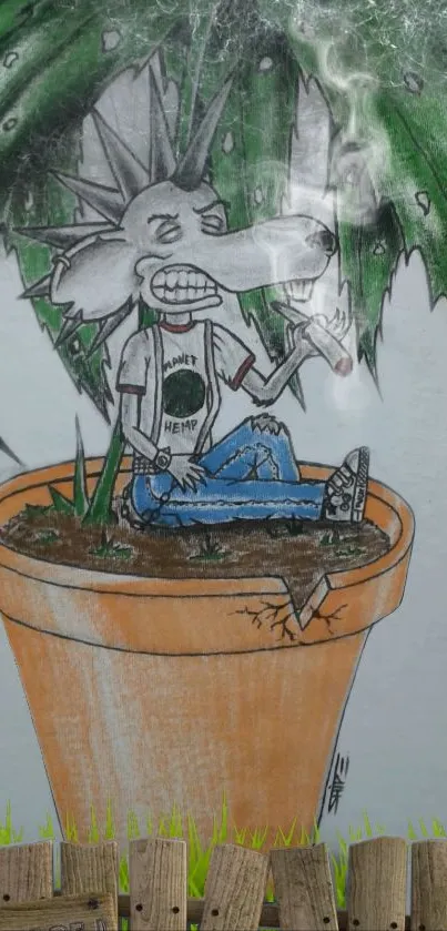 Cartoon wolf relaxing in a plant pot with green leaves.