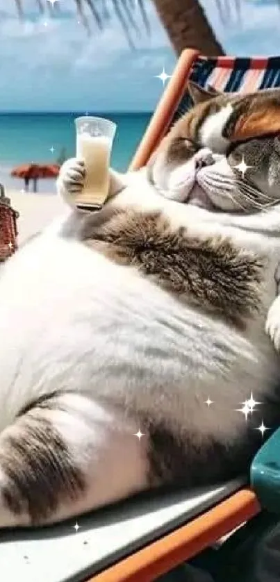 Relaxed cat on beach chair with drinks, enjoying the sun.