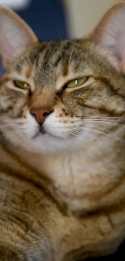 Close-up of a relaxed tabby cat with green eyes.