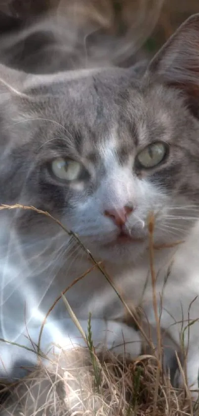 Grey and white cat lying in dry grass in a natural setting.