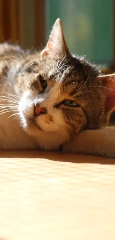 A relaxed cat lying in warm sunlight on a serene background.