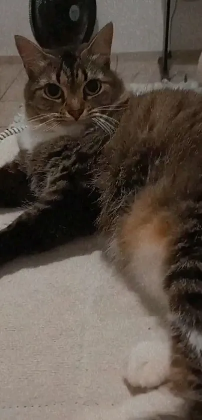 Tabby cat lounging comfortably on a cushioned sofa, creating a cozy home atmosphere.