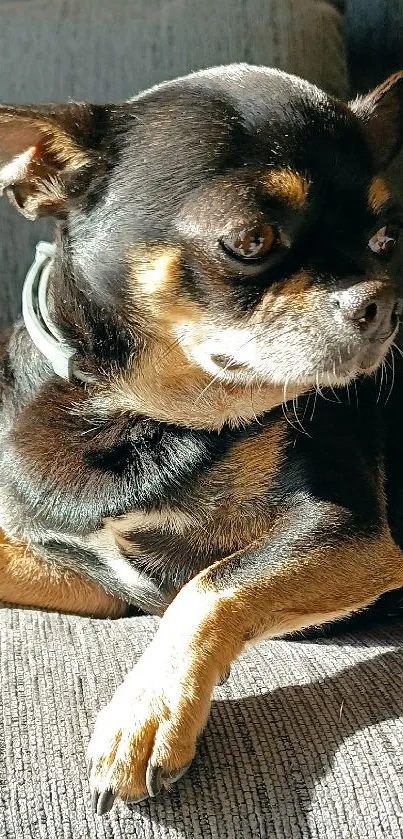 Chihuahua relaxing on a cozy gray sofa, bathed in warm sunlight.