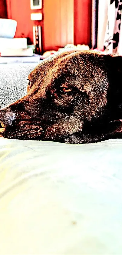 Relaxed dog resting on a cozy couch.