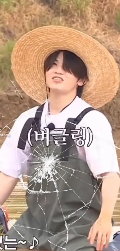 Person in overalls with straw hat near pond.