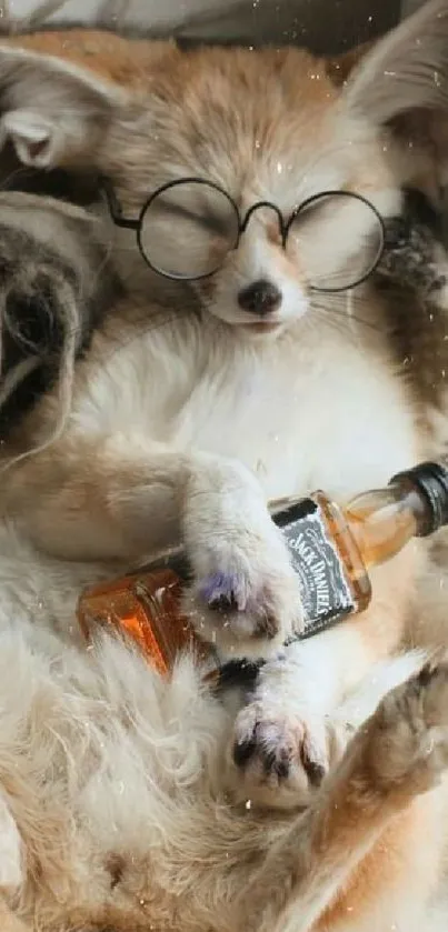 Fox wearing glasses relaxing with a bottle. Cute mobile wallpaper.