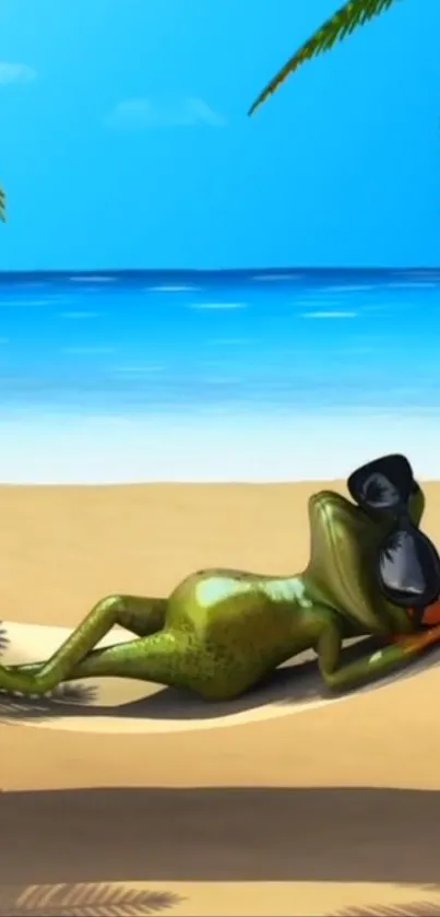 Frog wearing sunglasses relaxing on a tropical beach hammock.