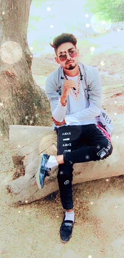 A young man in sunglasses sitting on a log under a tree.