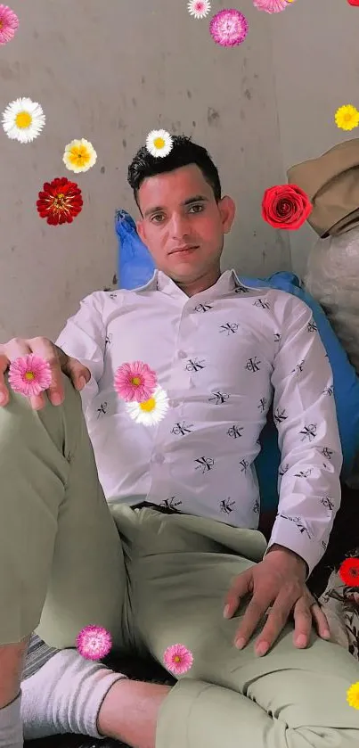 Relaxed man in casual clothes sitting against wall.