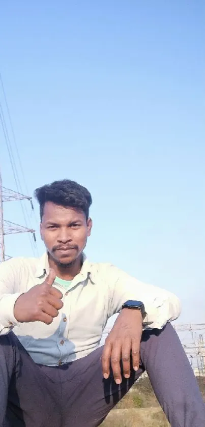 Man sitting outside with clear blue sky