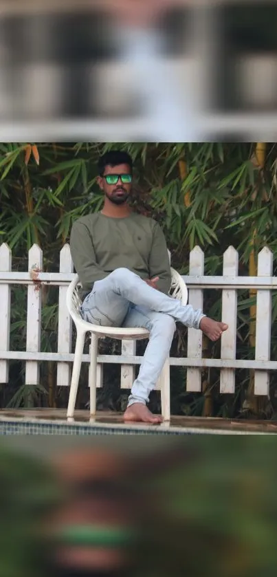 Man sitting outdoors by a fence with greenery background.