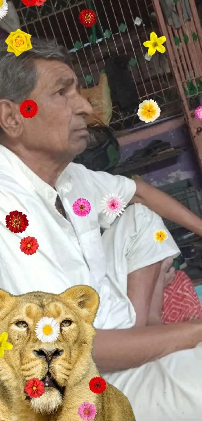 Elderly man sitting with lion illustration in a peaceful setting.