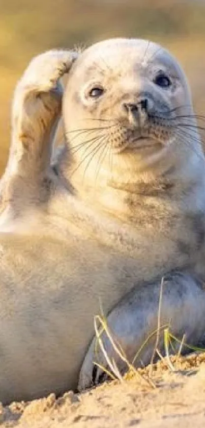 Seal comfortably lounging on a sunlit beach.