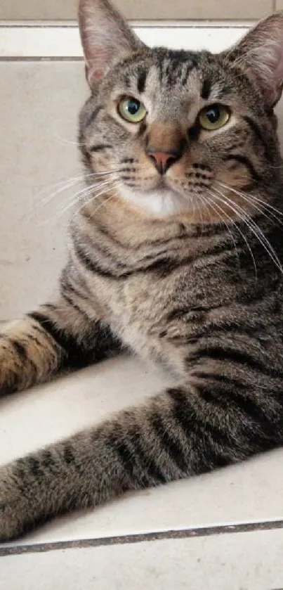 Gray tabby cat lying on tiled steps with stripes.