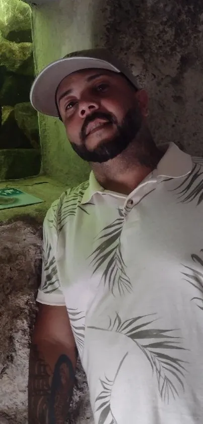 Man in tropical shirt with starfish background.