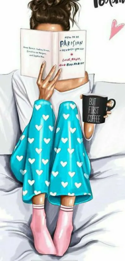 Cozy weekend illustration with book and coffee theme, perfect for mobile wallpaper.