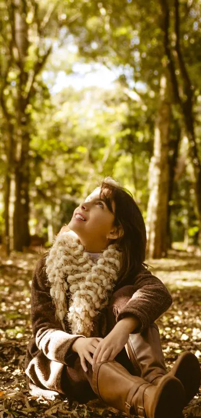 Woman sitting in an autumn forest wearing a cozy outfit.