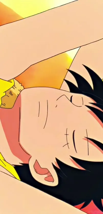 Anime character resting peacefully at sunset with a vibrant yellow backdrop.