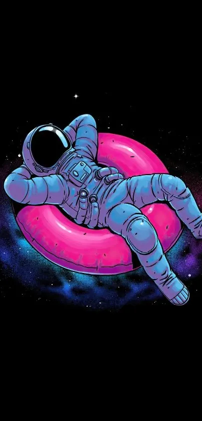 Astronaut relaxing on a pink float in space, surrounded by stars and cosmic beauty.