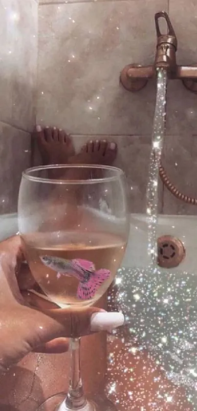 Relaxing bath scene with wine and sparkles in a bathtub setting.