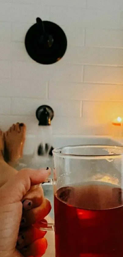 Relaxing bath scene with tea and candlelight.