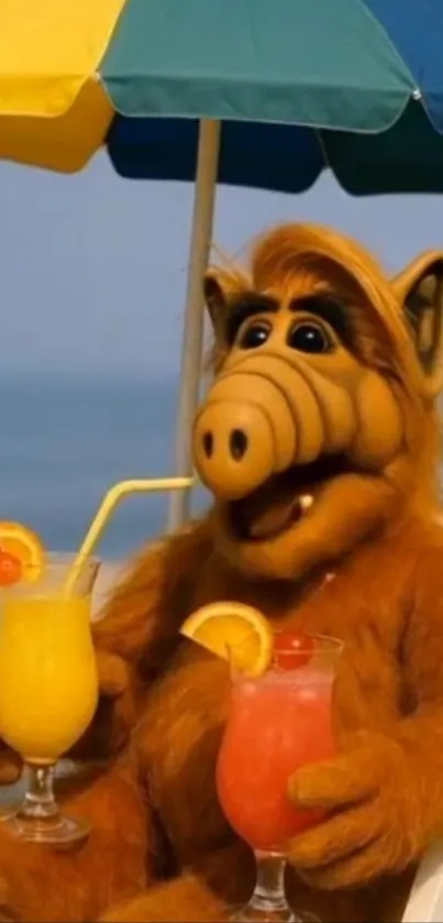 Cartoon character at the beach with drinks under a colorful umbrella.