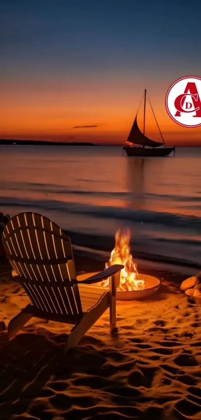 Beach chair by a campfire with sunset backdrop and sailboat.