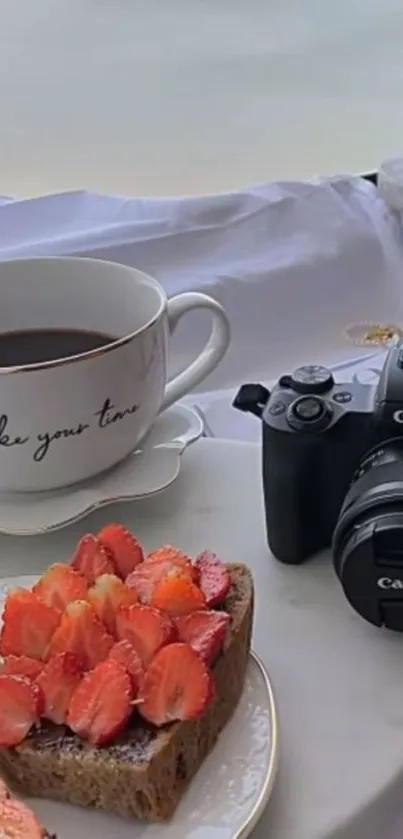 Charming breakfast and camera scene wallpaper.