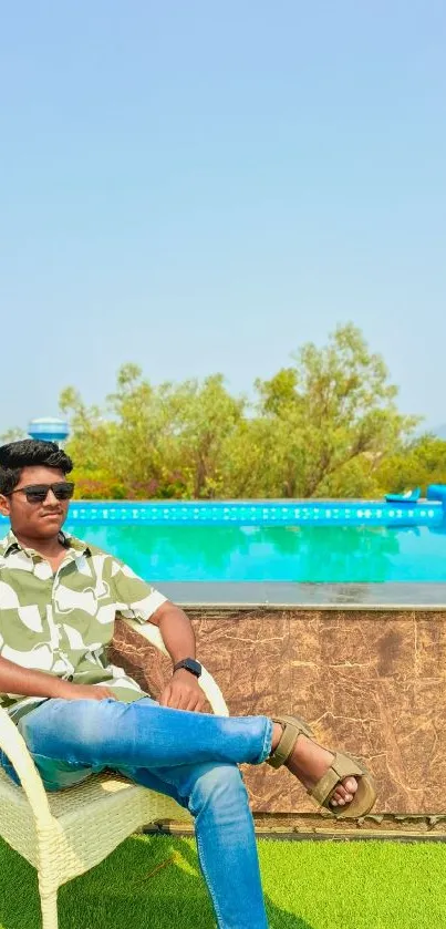 Man relaxing by a vibrant blue pool on a sunny day.