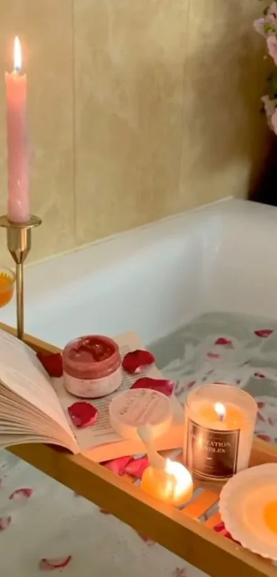 A soothing candlelit bath scene with petals and an open book.