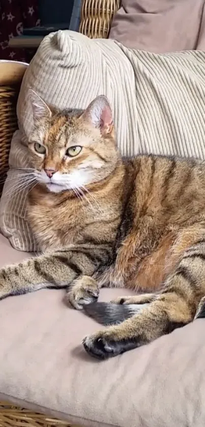 A relaxed cat lounging comfortably on a beige cushioned sofa.