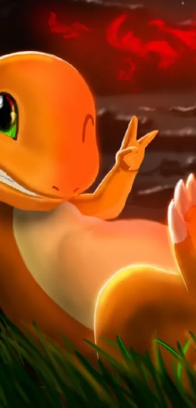 Charmander relaxes under the night sky with a glowing fiery tail.