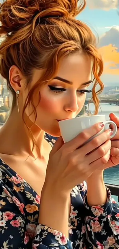 Woman enjoys coffee on a scenic balcony.