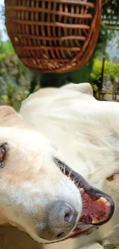 Relaxed dog lying in sunny garden setting.