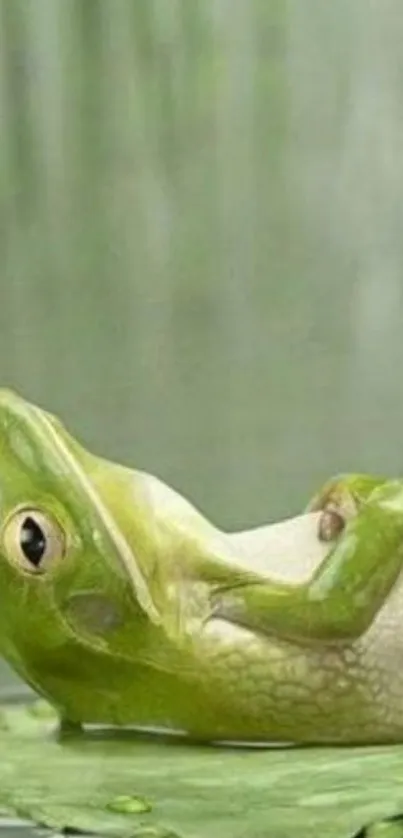 Green frog relaxing on lily pad wallpaper.