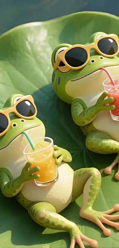 Two cartoon frogs with drinks on a lily pad.