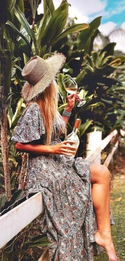 Woman relaxing in a garden with wine, surrounded by lush greenery.