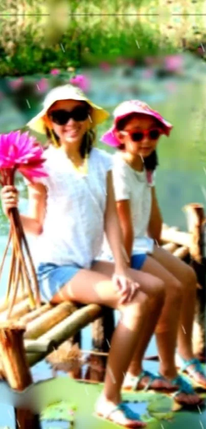 Two girls enjoy a serene lakeside view with vibrant summer colors.