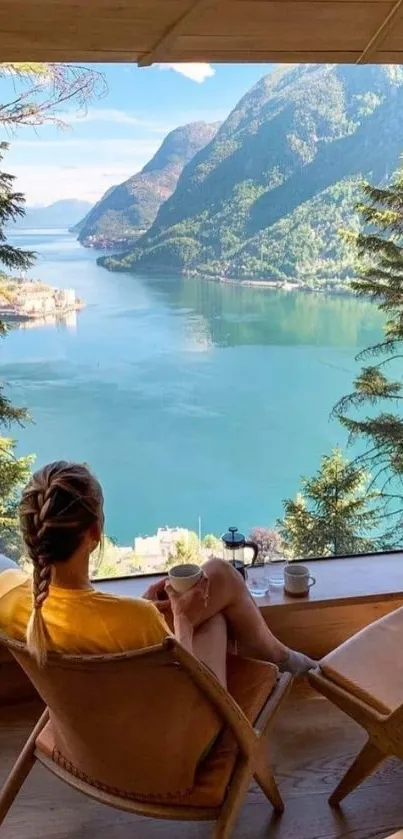 Woman relaxing by a mountain lake view.