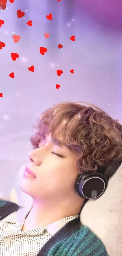 Person with headphones relaxing under floating hearts on a lavender background.