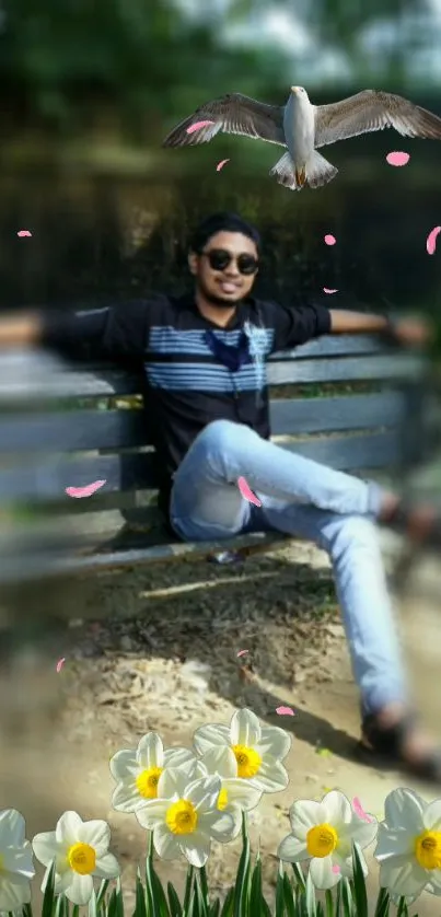 Man relaxing on a bench with nature backdrop and daffodils.