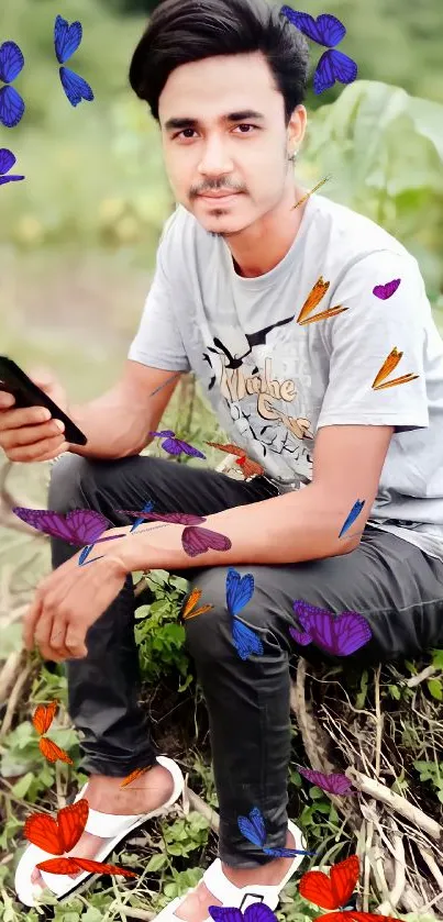 Young man sitting outside with smartphone in hand.