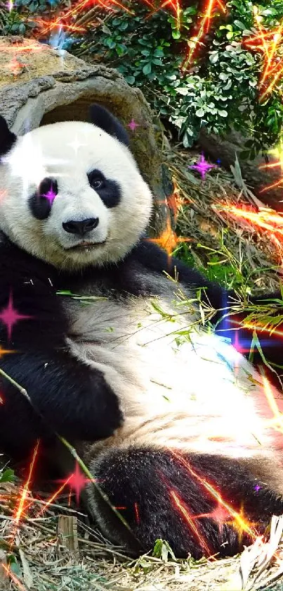 A tranquil panda relaxing in lush green nature.