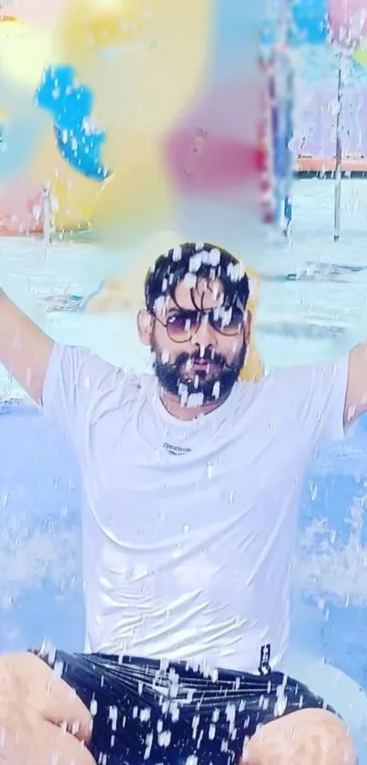 Man enjoying a splash in a vibrant pool.