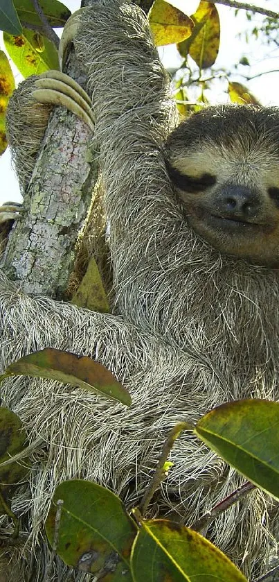 Sloth peacefully hanging in a tree with lush green leaves.